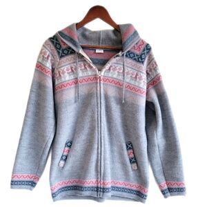 Alpaca Full Zip Hooded Sweater Gray Pink Womens Medium